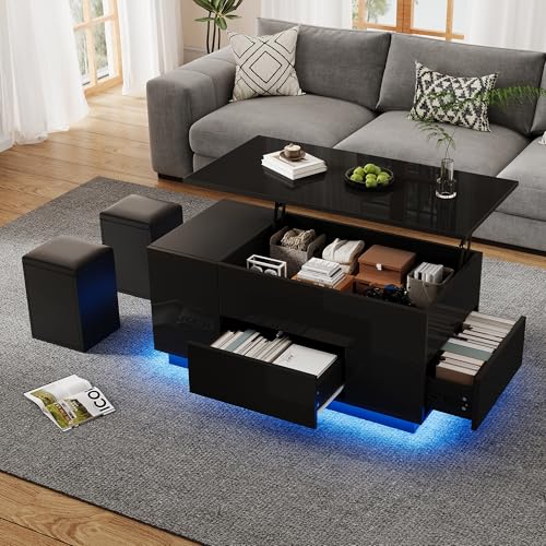 100x50x45cm Couchtisch 4-in-1 höhenverstellbarer Sofatisch mit LED, kaffeetisch mit 2 Schubladen,Hochglanztisch mit Sofa und 2 Hockern,Beistelltisch mit verstecktem Stauraum (Schwarz) von FAYICIC
