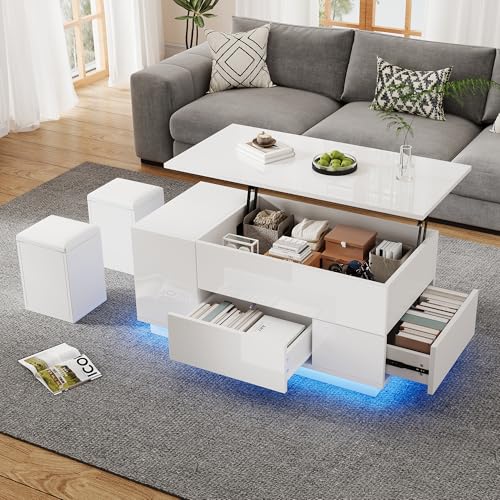 100x50x45cm Couchtisch 4-in-1 höhenverstellbarer Sofatisch mit LED, kaffeetisch mit 2 Schubladen,Hochglanztisch mit Sofa und 2 Hockern,Beistelltisch mit verstecktem Stauraum (Weiß) von FAYICIC