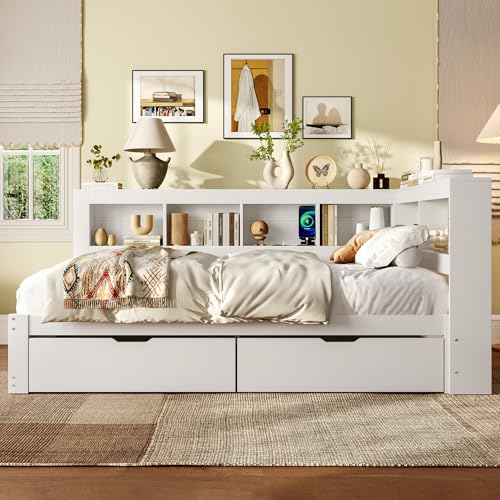 Daybett, 140 x 200 cm, Schlafsofa, Tagesbett mit Zwei Schubladen, Mit Steckdose und 2 USB-Anschlüssen, Bett mit Lattenrost (ohne Matratze), Spanplatte, Weiß(B, 140x200 cm) von FAYICIC