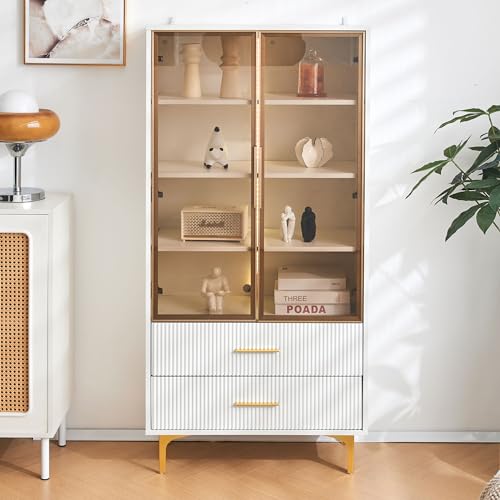 Elegante Glasvitrine mit Zwei Türen - 70x35x150cm - Glastüren, goldene Beine, bewegliche Einlegeböden, Vitrine mit LED-Licht, Schrank, Glasvitrine, Hochschrank, Standvitrine von FAYICIC