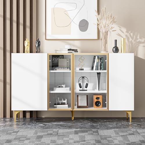 Elegantes 4-Tür Sideboard Weiß mit Glas & Metall, Modernes Design, Grifflos, Viel Stauraum, Sideboard Wohnzimmer Esszimmer Kommode Schrank Hochwertig von FAYICIC