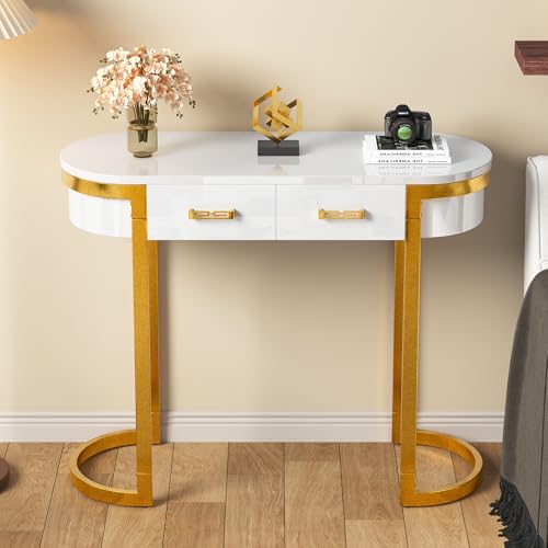 FAYICIC 100x40x76 cm, Moderner und Schlichter weißer Hochglanz-Sofa-Beistelltisch, Wohnzimmer-Konsolentisch, Schreibtisch mit 2 Schubladen von FAYICIC