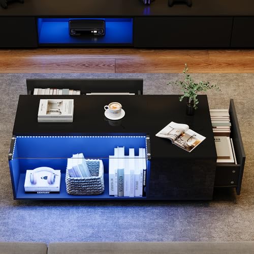 FAYICIC 100x50x35cm Couchtisch mit LED, Wohnzimmertisch aus gehärtetem Glas, Sofatisch mit viel Stauraum und 2 Schubladen, Hochglanz Kaffeetisch, Beistelltisch (Schwarz) von FAYICIC