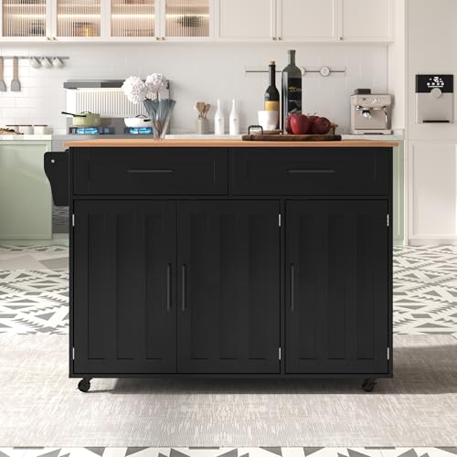FAYICIC 129x46(71) x91,5cm Schwarzer großer Esszimmerwagen, Sideboard, Arbeitsplatte aus massivem Holz, klappbare Arbeitsplatte, Stauraumtür, Rollen-/Massivholzfüße von FAYICIC
