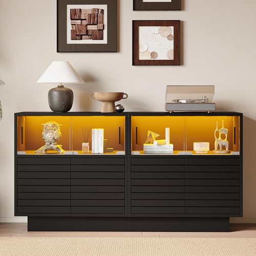 FAYICIC 130x35x68cm Sideboard mit 2 Kabinett, 4 Fächern, Glastüren, Breite 130 cm, Beistellschrank mit LED-Licht, Wohnraumschrank mit viel Stauraum, modernes highboard von FAYICIC