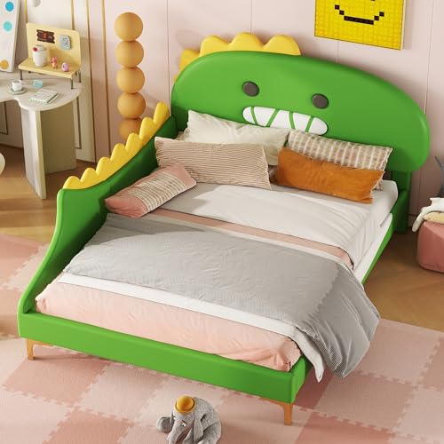 FAYICIC 140x200cm Kinderbett, Cartoon Dinosaurier Form, Flachbett, PU Material (Grün) von FAYICIC