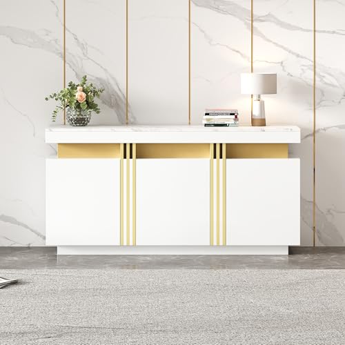 FAYICIC 140x38x70cm Modernes Sideboard-Display, 3 Türen, Esszimmerschrank mit verstellbaren Trennwänden, Platin-Nähte, breite grifflose Schließfächer (Weißes) von FAYICIC