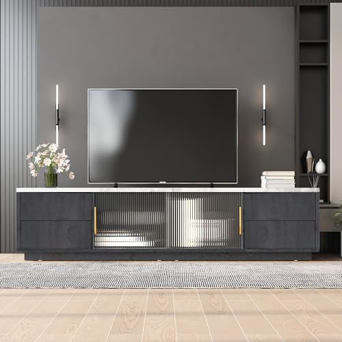 FAYICIC 160cm Deluxe TV Stand für 70" TV - Stilvolles Grau, marmorierte Tischplatte, Kabelmanagement, Schubladen mit Push-to-Open-Funktion von FAYICIC