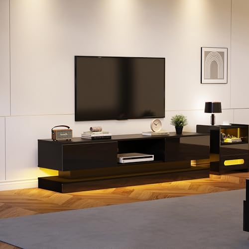 FAYICIC 160x35x40.5cm Hochglanz-TV-Schrank mit LED-Beleuchtung, 2 Schubladen, App-Steuerung, Anti-Kipp-Design, für 60-Zoll-Fernseher,tv Board,tv lowboard (Schwarz) von FAYICIC
