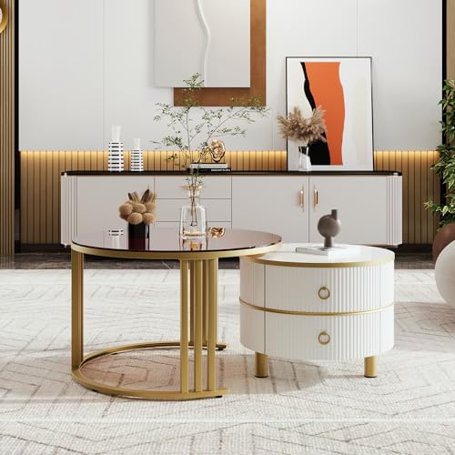 FAYICIC 2 in 1 runder MDF Couchtisch, Beistelltisch mit Tischplatte und Marmorplatte, Wohnzimmer Couchtisch Kombination mit 2 Schubladen, 70x70x46 + 50x50x40 cm (Weiß + Gold) von FAYICIC