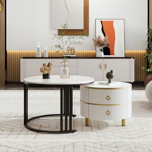 FAYICIC 2 in 1 runder MDF Couchtisch, Beistelltisch mit Tischplatte und Marmorplatte, Wohnzimmer Couchtisch Kombination mit 2 Schubladen, 70x70x46 + 50x50x40 cm (Weiß und Schwarz-1) von FAYICIC