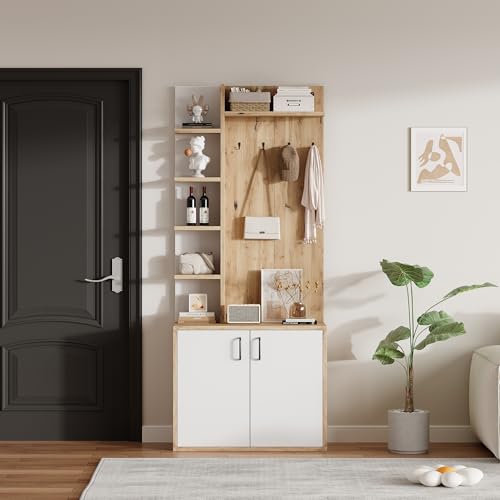 FAYICIC 75x33x180cm Garderobenständer mit Garderobe, Schuhaufbewahrung, Flurausstattung mit Kleiderhaken, Flurschrank mit 5-lagiger Stauraumeinteilung, Original Holzfarbe + weißes von FAYICIC