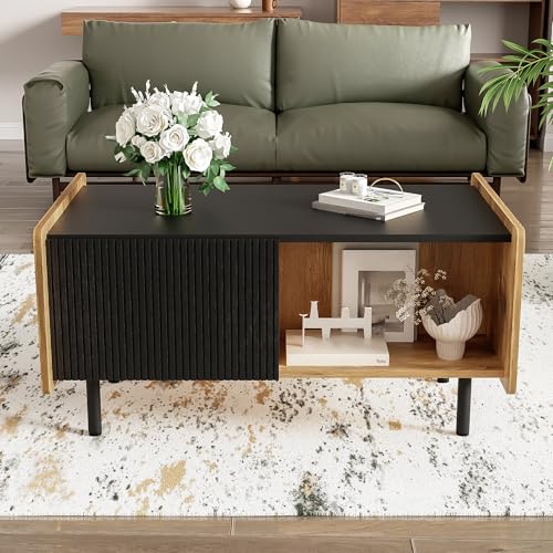 FAYICIC 90 cm Schwarze und Holzfarbene Couchtisch – Moderner Stil, Zwei Offene Fächer und Zwei Türen, Dämpfende Scharniere von FAYICIC