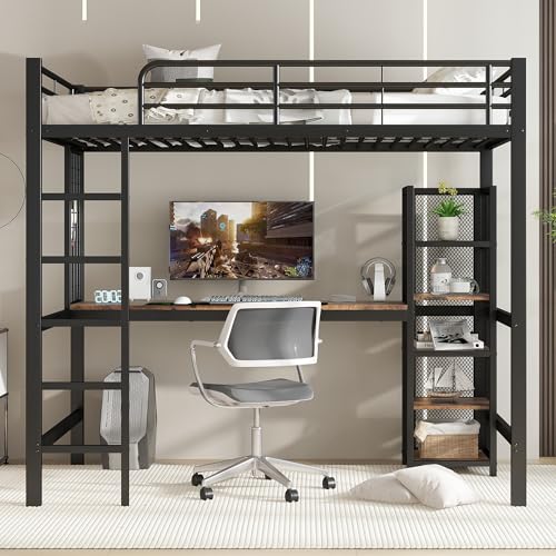 FAYICIC 90x200cm,Hochbett, Eisenbett, Eisen + MDF, Mit Tisch und Regalschrank mit mehrfachen Ablageebenen, mit Metallgitter ausgestattet, Schwarz + dunkle Holzfarbe FAYICIC 90x200cm,Hochbett, Eisenbett, Eisen + MDF, Mit Tisch und Regalschrank mit mehrfachen Ablageebenen, mit Metallgitter ausgestattet, Schwarz + dunkle Holzfarbe von FAYICIC
