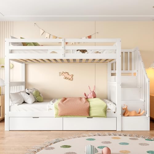 FAYICIC 90x200cm Etagenbett, Treppenregal, ausgestattet mit Zwei Schubladen, hohe Geländer, EN747-1 Zertifiziert, weiß von FAYICIC