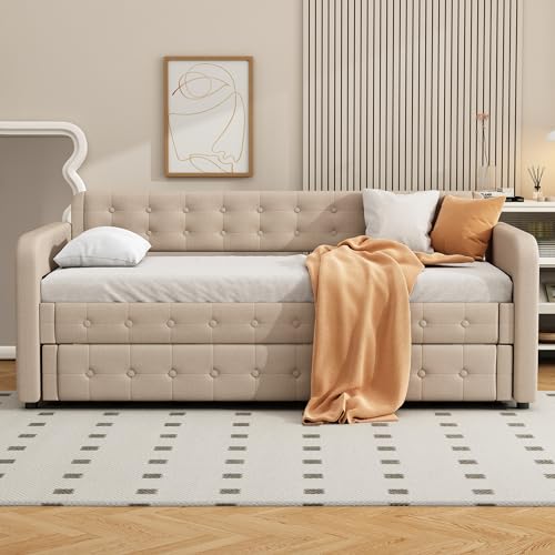 FAYICIC 90x200cm Sofabett, Tagesbett, mit ausziehbares rollbett, großer Stauraum (Dunkelbeige) von FAYICIC
