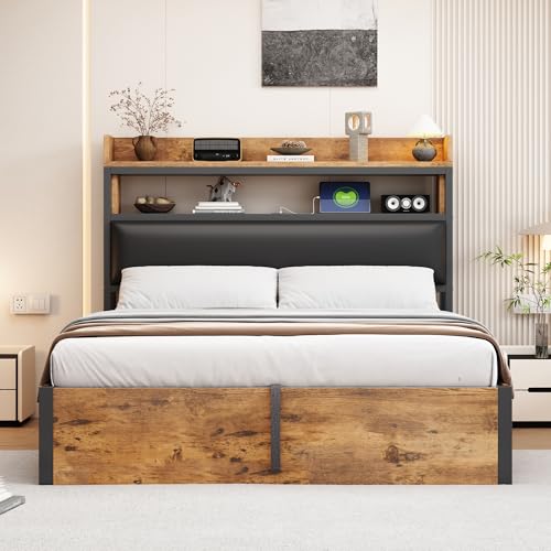 FAYICIC Bettrahmen 140 x 200 mit hydraulischer Hebevorrichtung, USB, gepolstertem Kopfteil, Vintage-Design aus Holz und Metall, verstecktem Stauraum Doppelbett (Schwarz) von FAYICIC