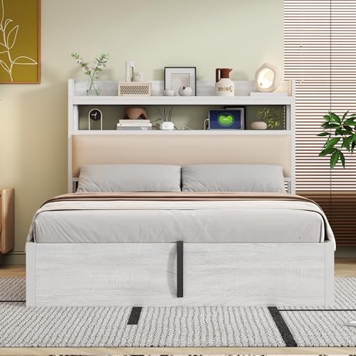 FAYICIC Bettrahmen 140 x 200 mit hydraulischer Hebevorrichtung, USB, gepolstertem Kopfteil, Vintage-Design aus Holz und Metall, verstecktem Stauraum Doppelbett (Weiß) von FAYICIC