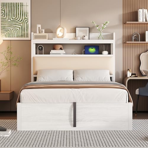 FAYICIC Bettrahmen 90 x 200 mit hydraulischem Hubmechanismus, USB, gepolstertem Kopfteil, Retro-Holz- und Metalldesign, versteckte Stauraumschicht Einzelbett (Weiß) von FAYICIC
