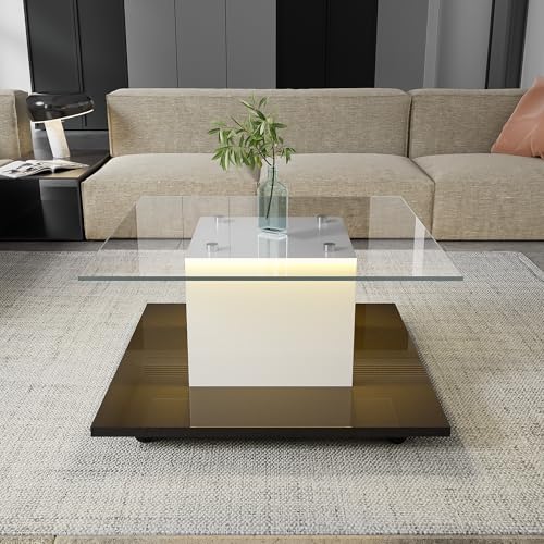 FAYICIC Couchtisch, Couchtisch aus Hochglanzglas, beweglicher Couchtischs mit Schwenkrädern von FAYICIC
