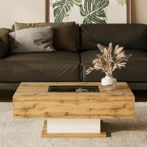FAYICIC Couchtisch, Wohnzimmertisch mit farbwechselndem LED-Licht, mit Glas, Beistelltisch mit Zwei Schubladen von FAYICIC