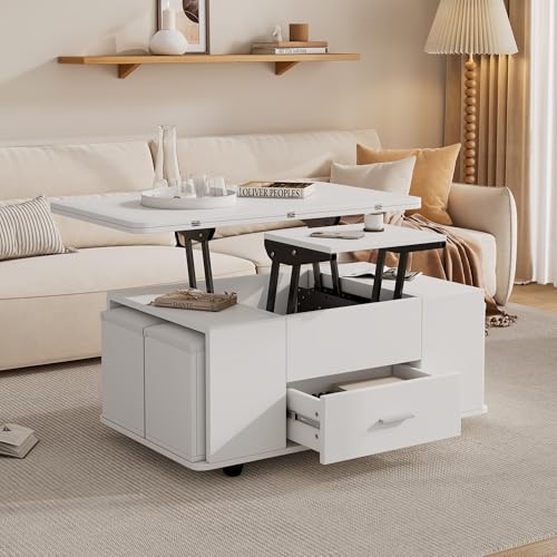 FAYICIC Couchtisch Höhenverstellbar,Beweglicher Sofatisch, 4-in-1-Multifunktions-Couchtisch Umwandelbar in Wohnzimmer-Esstisch,Couchtisch mit Schubladen, mit 4 Hockern,Weiß FAYICIC Couchtisch Höhenverstellbar,Beweglicher Sofatisch, 4-in-1-Multifunktions-Couchtisch Umwandelbar in Wohnzimmer-Esstisch,Couchtisch mit Schubladen, mit 4 Hockern,Weiß von FAYICIC