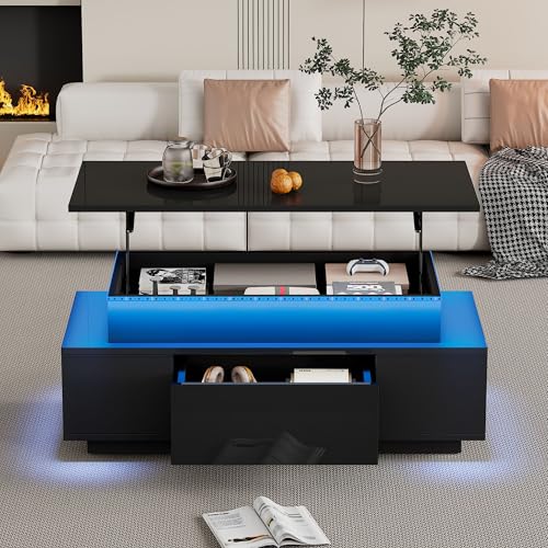 FAYICIC Couchtisch Höhenverstellbarer Kaffeetisch mit Verstecktem Stauraum und Schublade, 96x45x40cm Hochglanz Wohnzimmertisch, LED Sofatisch, Geeignet für Büro, Schwarz von FAYICIC