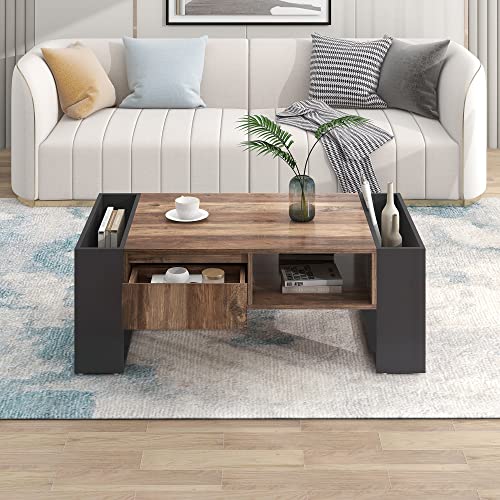 FAYICIC Couchtisch aus Holzmaserung, mit Eine grifflose Schublade, EIN Staufach und Heckstaufach,doppelseitiger Stauraum. Mit Staufächern auf beiden Seiten von FAYICIC