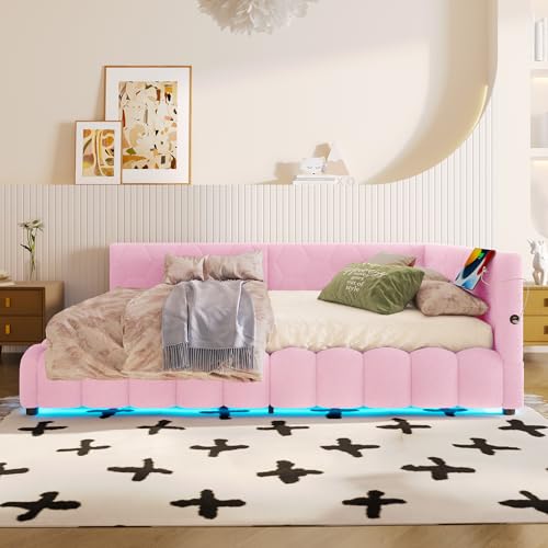 FAYICIC Daybett, 140x200cm, Schlafsofa, Bett mit Lattenrost (ohne Matratze), mit LED-Lichtleiste, mit hydraulischem Hebemechanismus, USB-Anschluss, Typ-C,Vliesimitat (Rosa) von FAYICIC