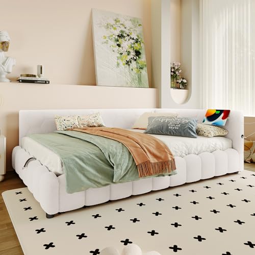 FAYICIC Daybett, 140x200cm, Schlafsofa, Bett mit Lattenrost (ohne Matratze), mit LED-Lichtleiste, mit hydraulischem Hebemechanismus, USB-Anschluss, Typ-C,Vliesimitat (Weiß) von FAYICIC