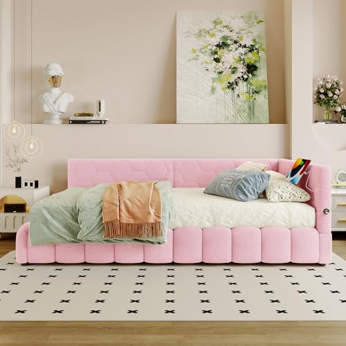 FAYICIC Daybett, 90x200cm, Schlafsofa, Bett mit Lattenrost (ohne Matratze), mit LED-Lichtleiste, mit hydraulischem Hebemechanismus, USB-Anschluss, Typ-C,Vliesimitat (Rosa) von FAYICIC