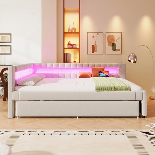 FAYICIC Daybett, Tagesbett, Schlafsofa, 140x200cm, Bett mit LED-Fernbedienungslichtleiste am Bettende, Bett mit Ausziehbett ohne Matratze, USB + Type-C, Leinen (Beige) von FAYICIC