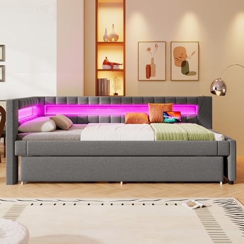 FAYICIC Daybett, Tagesbett, Schlafsofa, 90 * 200cm, Bett mit LED-Fernbedienungslichtleiste am Bettende, Bett mit Ausziehbett ohne Matratze, USB + Type-C, Leinen (Grau) von FAYICIC