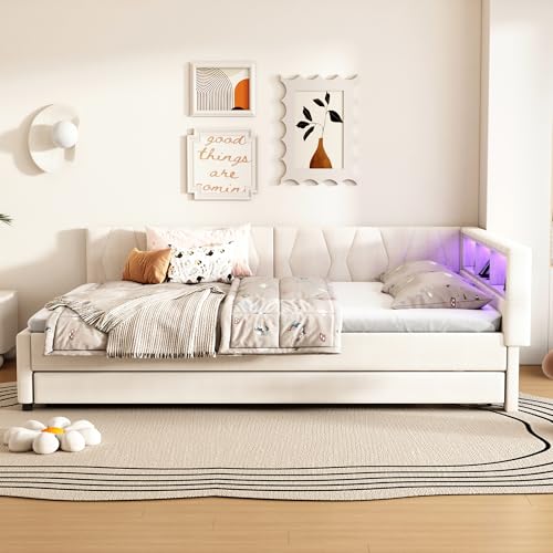 FAYICIC Daybett,140x200cm, Tagesbett, Schlafsofa,USB+Typ C, Fernbedienung für LED-Umgebungslicht, Bett mit ausziehbarem, mit Lattenrost (ohne Matratze), Leinen, Beige (Beige) von FAYICIC