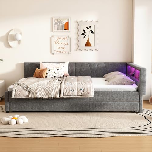 FAYICIC Daybett,140x200cm, Tagesbett, Schlafsofa,USB+Typ C, Fernbedienung für LED-Umgebungslicht, Bett mit ausziehbarem, mit Lattenrost (ohne Matratze), Leinen, Beige (Grau) von FAYICIC