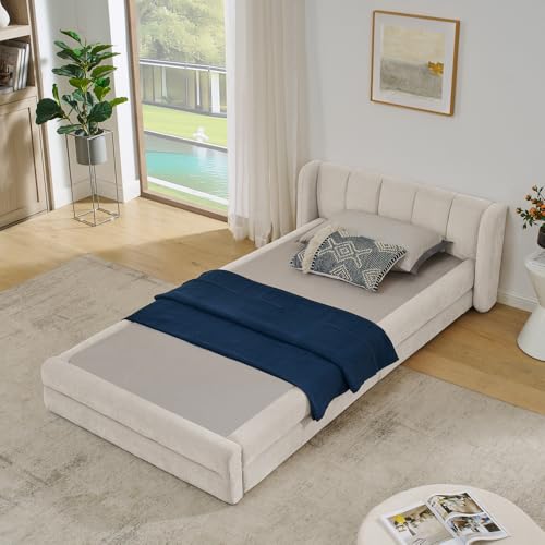 FAYICIC Einzelbett 90x200 cm, hautfreundlicher Chenillestoff, Komfortables Rückenlehne, auch als Kinderbett geeignet, (ohne Matratze) (Beige, 90x200 cm) von FAYICIC