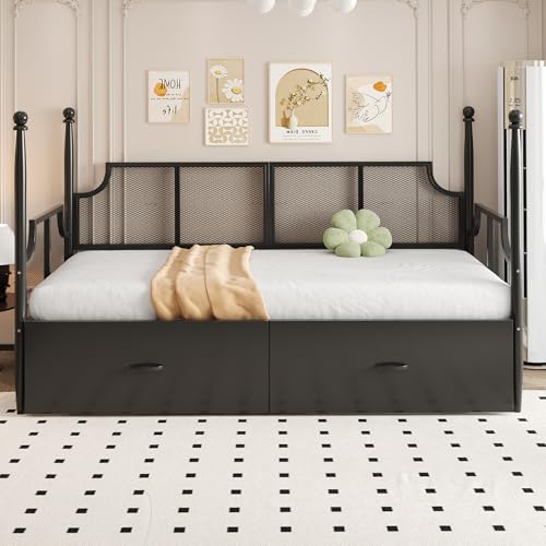 FAYICIC Eisenbettsofa 90x200, Netzrückenlehne und Armlehnen im Vintage-Stil, umgeben von hoher Säulenstütze, Metallrahmen mit Ablagefächern, Eiseneinzelbett (Schwarz) von FAYICIC