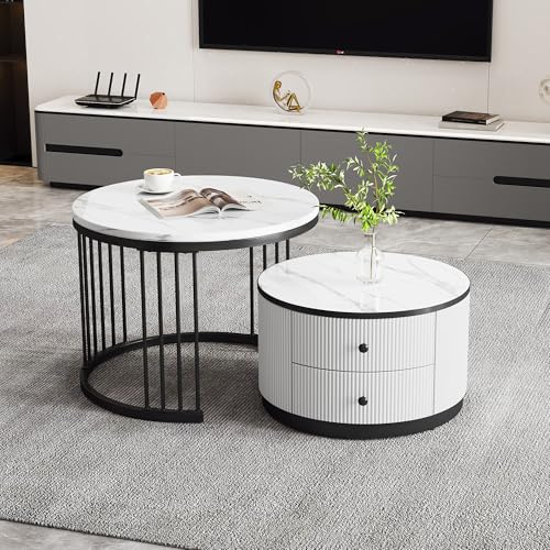 FAYICIC Elegantes 2-teiliges,Couchtisch-Set in Nestform, 60x60x45.5cm & 50x50x32cm, runde Tische mit hochglänzender Marmoroptik,Nesting-Kombination Couchtisch (Weiß+Schwarz) von FAYICIC