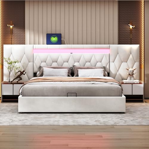 FAYICIC Elegantes Polsterbett 180x200 mit großer Rückenlehne, Samtbett mit LED und USB-Steckdose, hydraulisches Stauraumsystem (Beige) von FAYICIC