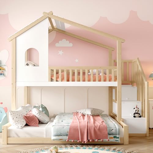 FAYICIC Etagenbett, 90x200cm+140x200cm, Bettgitter, Stauraumleiter, Fenster, Hausleiste, Natur+ Weiß FAYICIC Etagenbett, 90x200cm+140x200cm, Bettgitter, Stauraumleiter, Fenster, Hausleiste, Natur+ Weiß von FAYICIC
