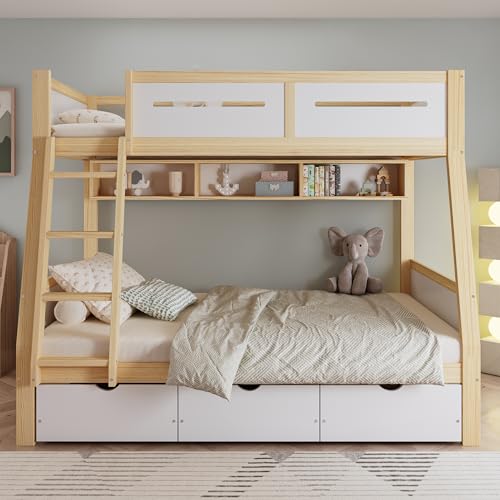 FAYICIC Etagenbett, Kinderbett, DREI Schubladen mit Rollen, 2m Bilderbuchständer, Sichere vierseitige Umzäunung und Trittleiter, Kiefer + MDF + Sperrholz, Weiß+Natur, 90x200cm&120x200cm FAYICIC Etagenbett, Kinderbett, DREI Schubladen mit Rollen, 2m Bilderbuchständer, Sichere vierseitige Umzäunung und Trittleiter, Kiefer + MDF + Sperrholz, Weiß+Natur, 90x200cm&120x200cm von FAYICIC