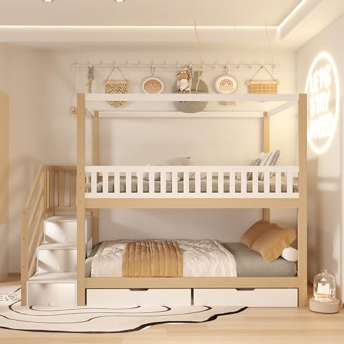 FAYICIC Etagenbett Kinderbett, 90x200 cm, Massivholz-Doppelbett, Sicherheitsgitter-Design, mit Ablagefächern und Sicherheitsleiter, Weißes und originales Holz-Farbschema FAYICIC Etagenbett Kinderbett, 90x200 cm, Massivholz-Doppelbett, Sicherheitsgitter-Design, mit Ablagefächern und Sicherheitsleiter, Weißes und originales Holz-Farbschema von FAYICIC