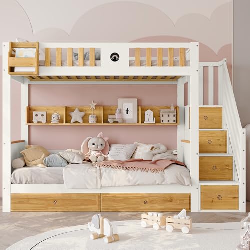 FAYICIC Etagenbett mit Treppe, Rahmen aus Kiefernholz und MDF, Kinderbett mit 4 Schließfächer in der Treppe, mit Fallschutzgitter und 2 Schubladen,Weiß+Natur, 90x200cm FAYICIC Etagenbett mit Treppe, Rahmen aus Kiefernholz und MDF, Kinderbett mit 4 Schließfächer in der Treppe, mit Fallschutzgitter und 2 Schubladen,Weiß+Natur, 90x200cm von FAYICIC
