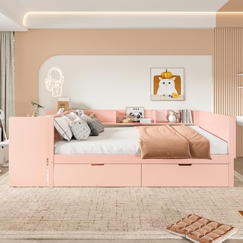 FAYICIC Flachbett, Holzbett, mit Schreibtisch, ausgestattet mit 2 Schubladen, Doppelbett(Ohne Matratze), mit Regalen, Kiefer + Spanplatte (Rosa, 140x200cm) von FAYICIC