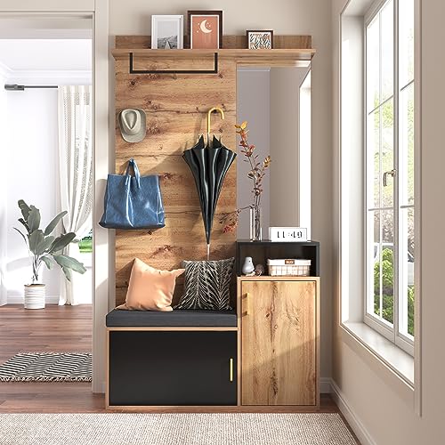 FAYICIC Garderoben-Set,mit 4 Kleiderhaken,Spiegel,Schuhschrank,Wandgarderobe,oberes Ablagefach,Flurgarderobe Sitzbank(Requires Drilling and Punching Holes in The Wall) (Schwarz) von FAYICIC