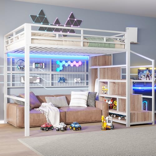 Hochbett, 140 x 200cm, Eisenrahmen, Kleiderschrank, Gitter zum Aufhängen von Gegenständen, Freifläche unter dem Bett, 7-farbige LED-Leuchten, ohne Matratze (Weiß) von FAYICIC
