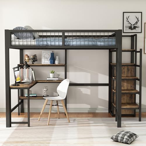 FAYICIC Hochbett, 140x200 cm, Eisenbett, Ablageleiter, mehrere Regale, Ohne Matratze, Einbauschrank, Schreibtisch (Schwarz) von FAYICIC