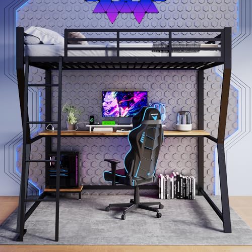 FAYICIC Hochbett, 140x200cm, Mit LED-Leuchten, Computerkonsolenablage, Schreibtisch, Steckdose+USB, Geländer, Treppe, ohne Matratze (Schwarz) von FAYICIC