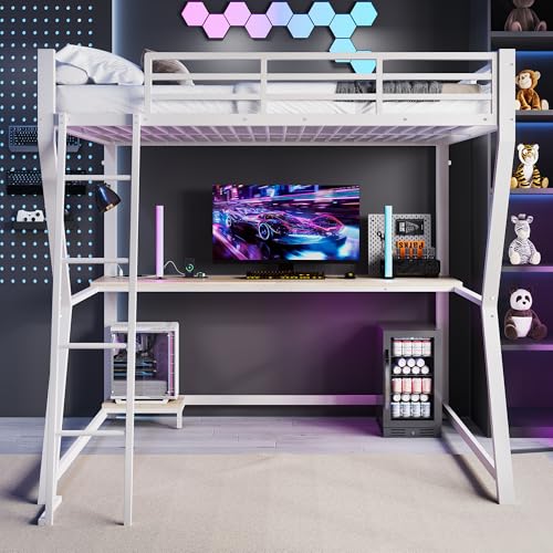 FAYICIC Hochbett, 140x200cm, Mit LED-Leuchten, Computerkonsolenablage, Schreibtisch, Steckdose+USB, Geländer, Treppe, ohne Matratze (Weiß) von FAYICIC