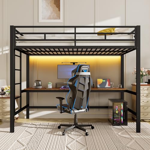 FAYICIC Hochbett, 90 * 200 cm, Geländer, Trittleiter, Tisch mit USB und Steckdose, Wire Control Light Strip,en747-konform, ohne Matratze, Metall (Schwarz) von FAYICIC